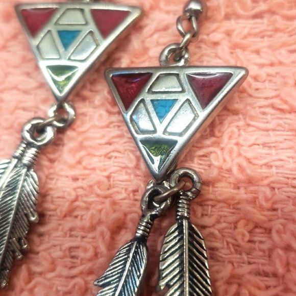 Native American Costume Silver Metal Dangle Triangle Design w/ Red/Green Points- - Picture 2 of 5